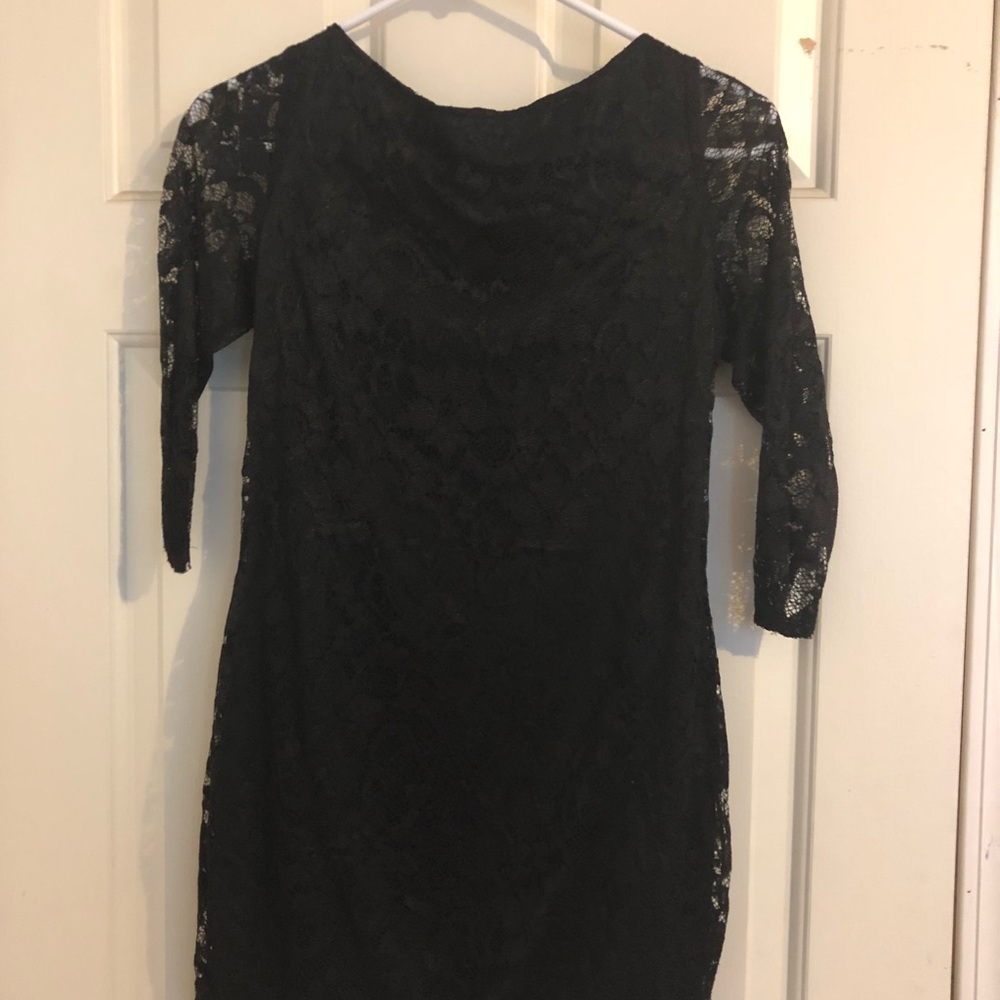 Black lace open back body con